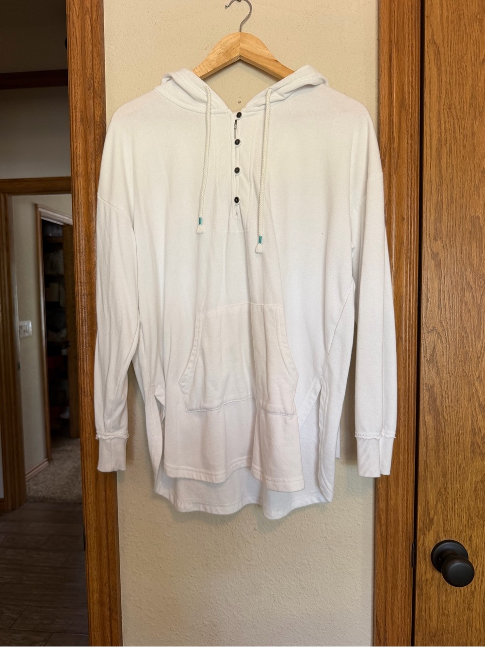 Maurices White Long Sleeve Hooded Pullover with Henley Buttons